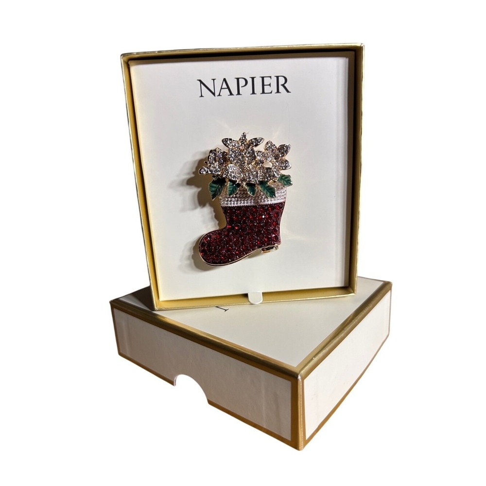 Napier Red Crystal Poinsettia Stocking Brooch Pin Green Leaves Sparkle GIFT NEW